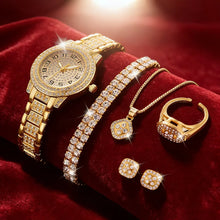 Cargar imagen en el visor de la galería, Reloj dorado para mujer de cuarzo con diamantes llamativos y conjunto de bisutería: collar, anillo, pendientes y pulsera.

