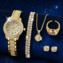 Cargar imagen en el visor de la galería, Reloj dorado para mujer de cuarzo con diamantes llamativos y conjunto de bisutería: collar, anillo, pendientes y pulsera.
