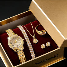 Cargar imagen en el visor de la galería, Reloj dorado para mujer de cuarzo con diamantes llamativos y conjunto de bisutería: collar, anillo, pendientes y pulsera.
