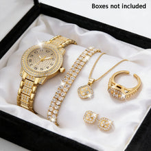 Cargar imagen en el visor de la galería, Reloj dorado para mujer de cuarzo con diamantes llamativos y conjunto de bisutería: collar, anillo, pendientes y pulsera.

